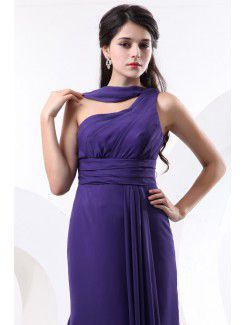 Chiffon One-Shoulder Sweep Train Sheath Bridesmaid Dress with Pleat