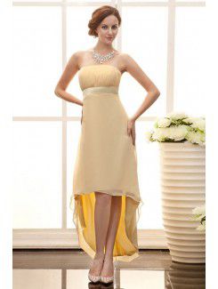 Satin and Chiffon Strapless Asymmetrical Column Line Bridesmaid Dress with Waistband