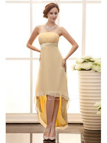 Satin and Chiffon Strapless Asymmetrical Column Line Bridesmaid Dress with Waistband