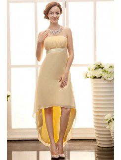 Satin and Chiffon Strapless Asymmetrical Column Line Bridesmaid Dress with Waistband