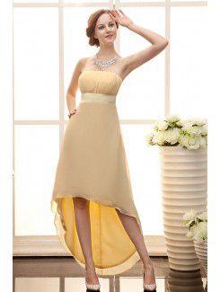 Satin and Chiffon Strapless Asymmetrical Column Line Bridesmaid Dress with Waistband