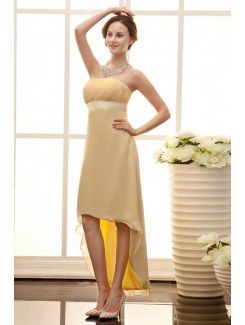 Satin and Chiffon Strapless Asymmetrical Column Line Bridesmaid Dress with Waistband