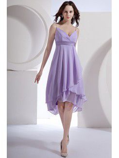 Chiffon Spaghetti Straps Knee-Length Column Bridesmaid Dress with Sash