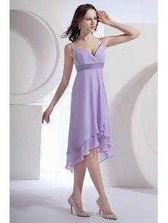 Chiffon Spaghetti Straps Knee-Length Column Bridesmaid Dress with Sash