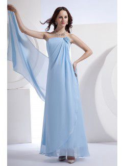 Satin and Chiffon Strapless Ankle-Length Column Bridesmaid Dress with Flower