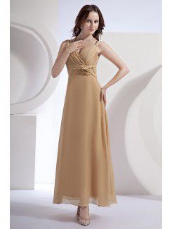 Chiffon V-Neckline Ankle-Length Column Bridesmaid Dress with Flowers