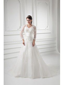 Organza V-Neckline A-line Sweep Train Embroidered and Three-quarter Sleeves Wedding Dress with Jacket