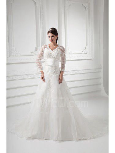 Organza V-Neckline A-line Sweep Train Embroidered and Three-quarter Sleeves Wedding Dress with Jacket