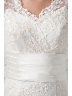 Organza V-Neckline A-line Sweep Train Embroidered and Three-quarter Sleeves Wedding Dress with Jacket