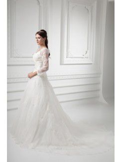 Organza V-Neckline A-line Sweep Train Embroidered and Three-quarter Sleeves Wedding Dress with Jacket