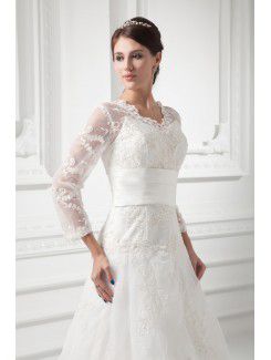 Organza V-Neckline A-line Sweep Train Embroidered and Three-quarter Sleeves Wedding Dress with Jacket