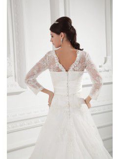 Organza V-Neckline A-line Sweep Train Embroidered and Three-quarter Sleeves Wedding Dress with Jacket