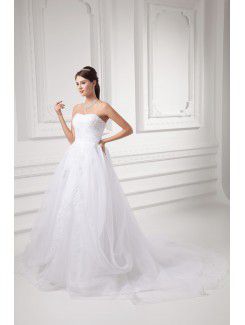 Organza Strapless A-line Sweep Train Embroidered Wedding Dress