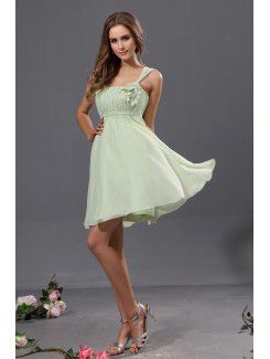 Spalline in chiffon e raso al ginocchio a-line abito da damigella d'onore con i fiori