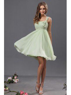 Chiffon and Satin Straps Knee-Length A-Line Bridesmaid Dress with Flowers