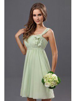 Chiffon and Satin Straps Knee-Length A-Line Bridesmaid Dress with Flowers