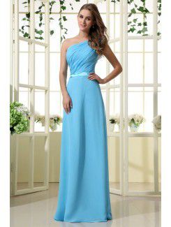 Chiffon Satin One-Shoulder Floor Length Sheath Bridesmaid Dress with Pleat