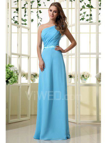 Chiffon Satin One-Shoulder Floor Length Sheath Bridesmaid Dress with Pleat