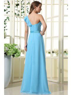 Chiffon Satin One-Shoulder Floor Length Sheath Bridesmaid Dress with Pleat