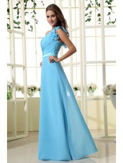 Chiffon Satin One-Shoulder Floor Length Sheath Bridesmaid Dress with Pleat