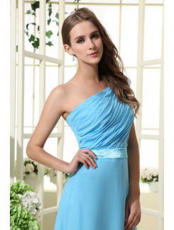 Chiffon Satin One-Shoulder Floor Length Sheath Bridesmaid Dress with Pleat