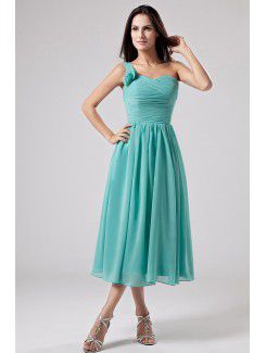 Chiffon One-Shoulder Tea-Length A-line Bridesmaid Dress with Ruffle