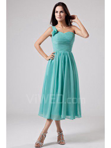 Chiffon One-Shoulder Tea-Length A-line Bridesmaid Dress with Ruffle