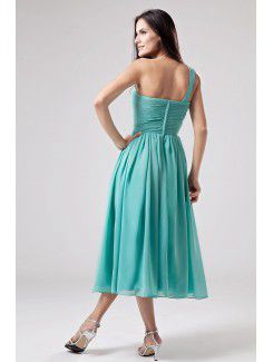 Chiffon One-Shoulder Tea-Length A-line Bridesmaid Dress with Ruffle