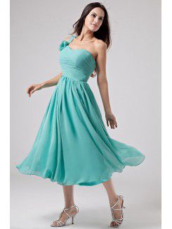 Chiffon One-Shoulder Tea-Length A-line Bridesmaid Dress with Ruffle