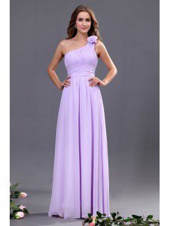 Chiffon-schulter bodenlange a-line brautjungfer kleid mit handgemachten blume