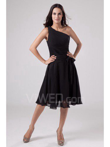 Satin and Chiffon One-Shoulder Knee-Length Sheath Bridesmaid Dress