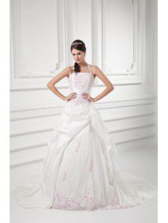 Taffeta Halter A-line Sweep Train Embroidered Wedding Dress