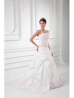 Taffeta Halter A-line Sweep Train Embroidered Wedding Dress