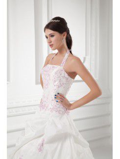 Taffeta Halter A-line Sweep Train Embroidered Wedding Dress