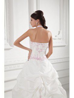 Taffeta Halter A-line Sweep Train Embroidered Wedding Dress