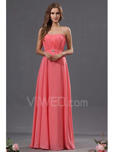 Chiffon Strapless Floor Length Column Bridesmaid Dress with Rhinestones