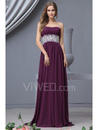 Chiffon trägerlosen sweep zug spalte brautjungfer kleid mit spitze