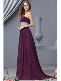 Chiffon Strapless Sweep Train Column Bridesmaid Dress with Lace