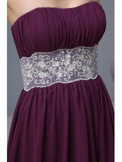 Chiffon Strapless Sweep Train Column Bridesmaid Dress with Lace