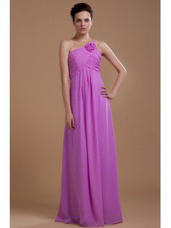 Chiffon One-Shoulder Floor Length Column Bridesmaid Dress with Ruffle and Flower