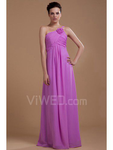 Chiffon One-Shoulder Floor Length Column Bridesmaid Dress with Ruffle and Flower