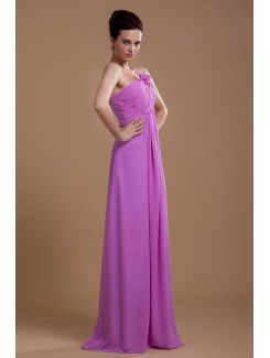 Chiffon One-Shoulder Floor Length Column Bridesmaid Dress with Ruffle and Flower