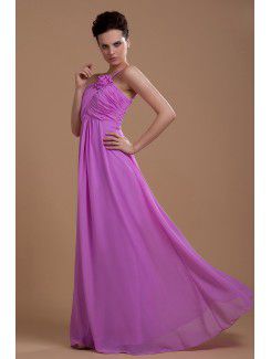 Chiffon One-Shoulder Floor Length Column Bridesmaid Dress with Ruffle and Flower