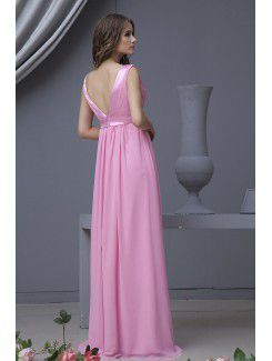 Chiffon V-Neckline Floor Length Column Bridesmaid Dress with Ruffle