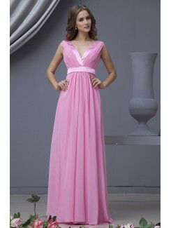 Chiffon V-Neckline Floor Length Column Bridesmaid Dress with Ruffle