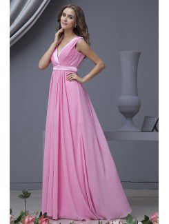 Chiffon V-Neckline Floor Length Column Bridesmaid Dress with Ruffle