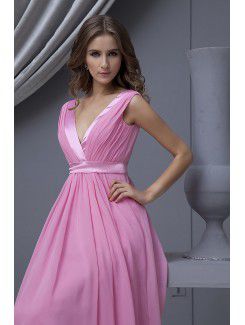 Chiffon V-Neckline Floor Length Column Bridesmaid Dress with Ruffle