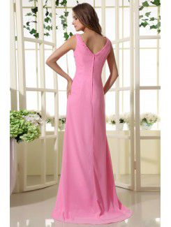 Chiffon V-Neckline Floor Length Column Bridesmaid Dress with Ruffle and Sequins