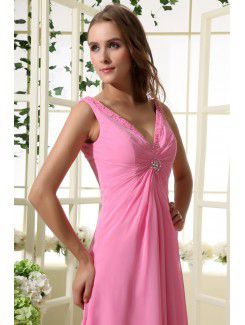 Chiffon V-Neckline Floor Length Column Bridesmaid Dress with Ruffle and Sequins