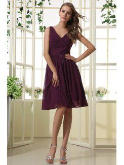 Satin and Tulle V-Neckline Knee-Length A-line Bridesmaid Dress with Ruffle